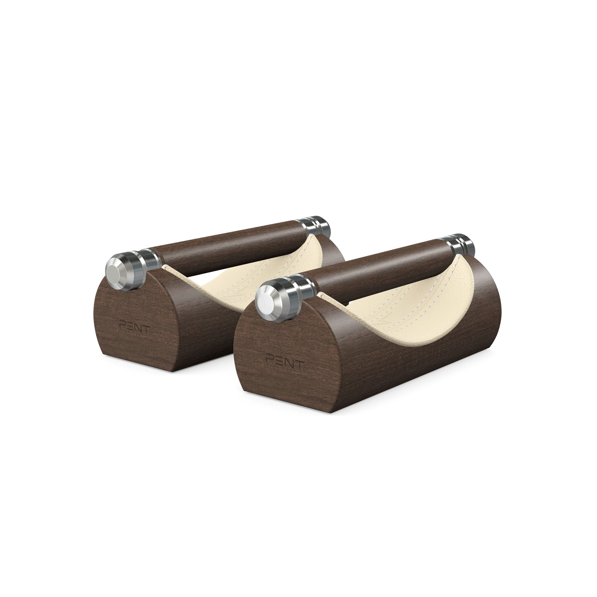 Luxury home gym equipment, premium push up bars handcrafted from fine leather, stainless steel and natural wood. Customize in beige Italian leather and dark walnut wood. PENT. LIPOVA - Luxury Push-Up Bars