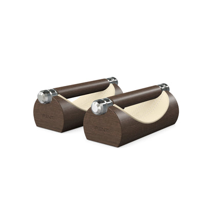 Luxury home gym equipment, premium push up bars handcrafted from fine leather, stainless steel and natural wood. Customize in beige Italian leather and dark walnut wood. PENT. LIPOVA - Luxury Push-Up Bars