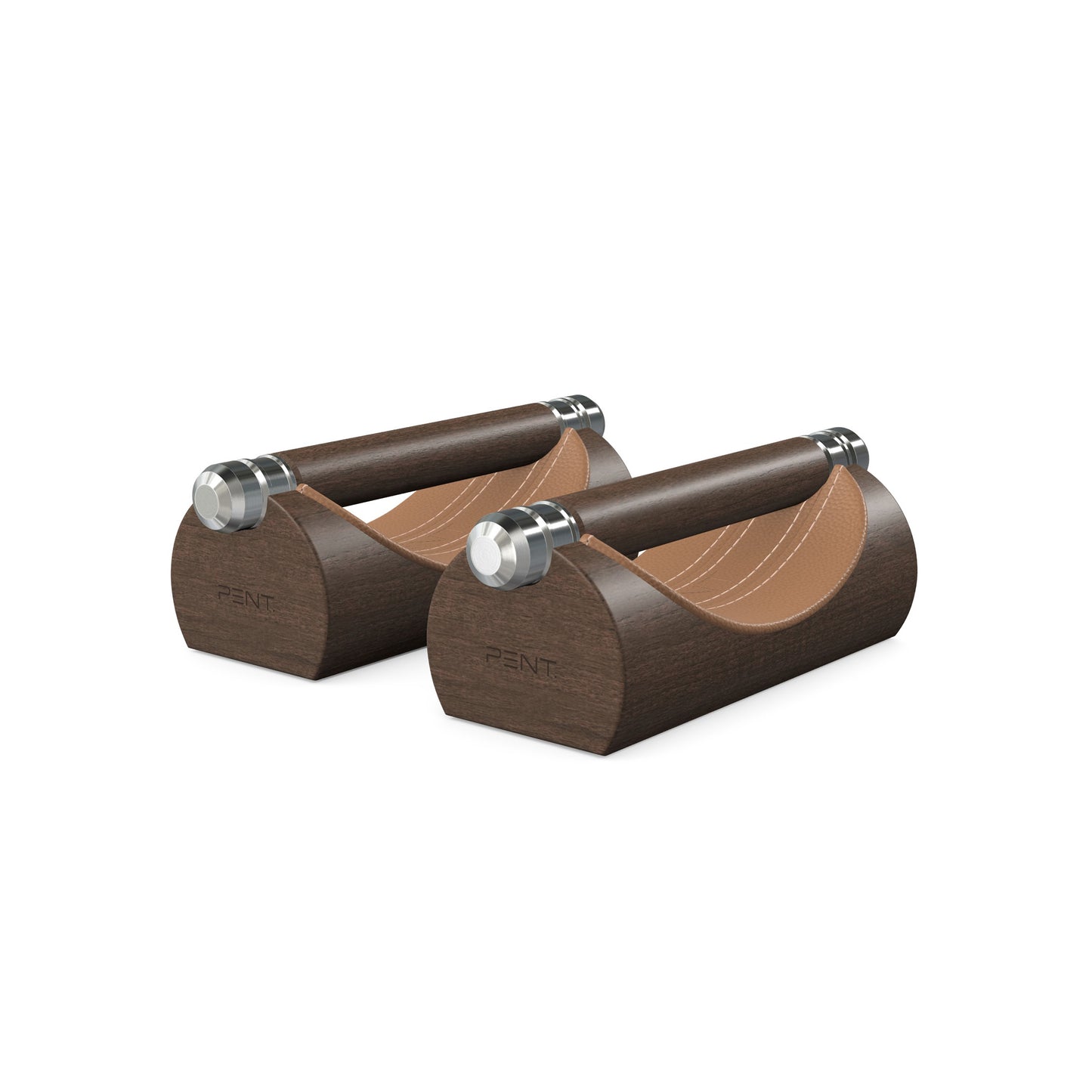 Luxury home gym equipment, premium push up bars handcrafted from fine leather, stainless steel and natural wood. Customize in brown Italian leather and dark walnut wood. PENT. LIPOVA - Luxury Push-Up Bars