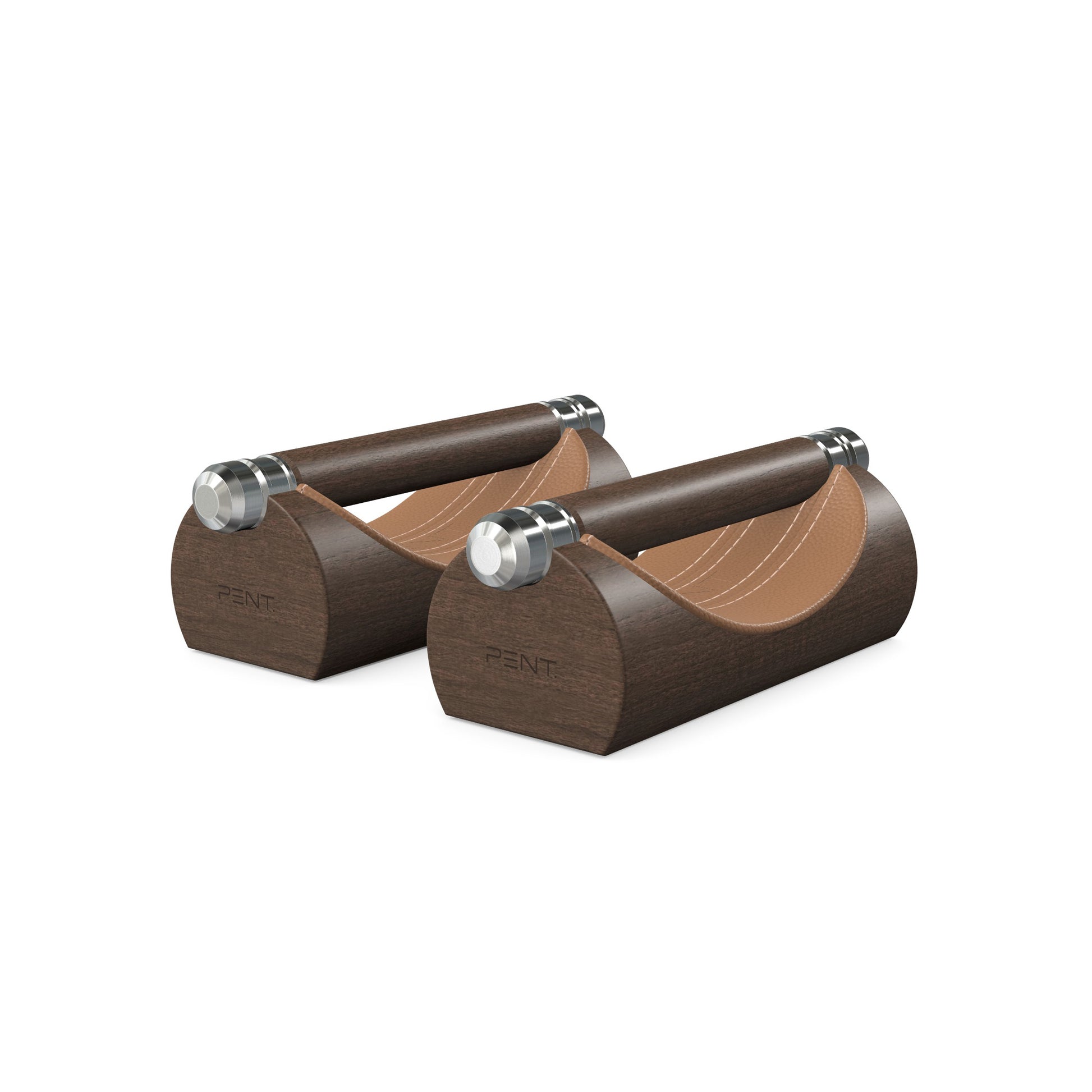 Luxury home gym equipment, premium push up bars handcrafted from fine leather, stainless steel and natural wood. Customize in brown Italian leather and dark walnut wood. PENT. LIPOVA - Luxury Push-Up Bars