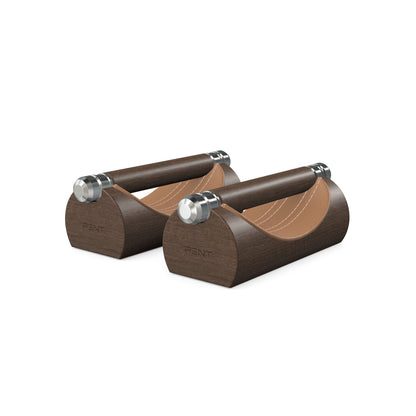 Luxury home gym equipment, premium push up bars handcrafted from fine leather, stainless steel and natural wood. Customize in brown Italian leather and dark walnut wood. PENT. LIPOVA - Luxury Push-Up Bars