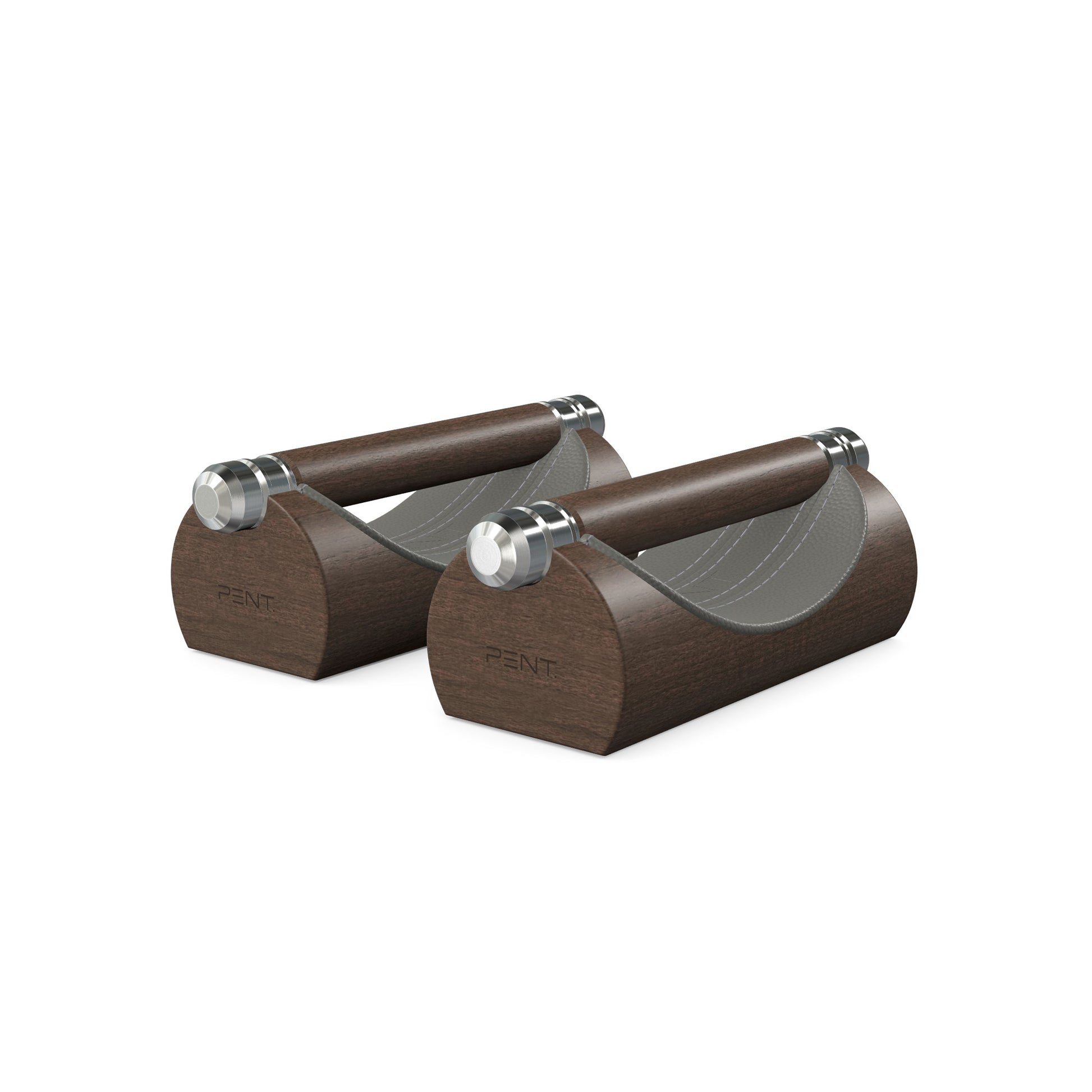 Luxury home gym equipment, premium push up bars handcrafted from fine leather, stainless steel and natural wood. Customize in grey Italian leather and dark walnut wood. PENT. LIPOVA - Luxury Push-Up Bars