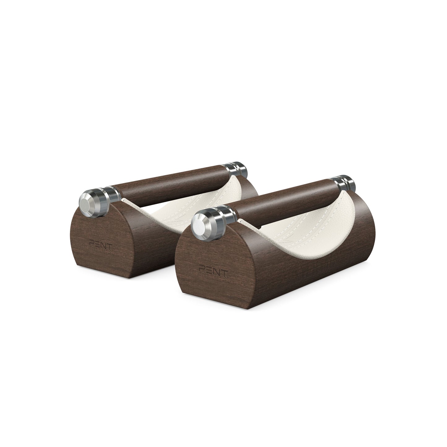 Luxury home gym equipment, premium push up bars handcrafted from fine leather, stainless steel and natural wood. Customize in white Italian leather and dark walnut wood. PENT. LIPOVA - Luxury Push-Up Bars