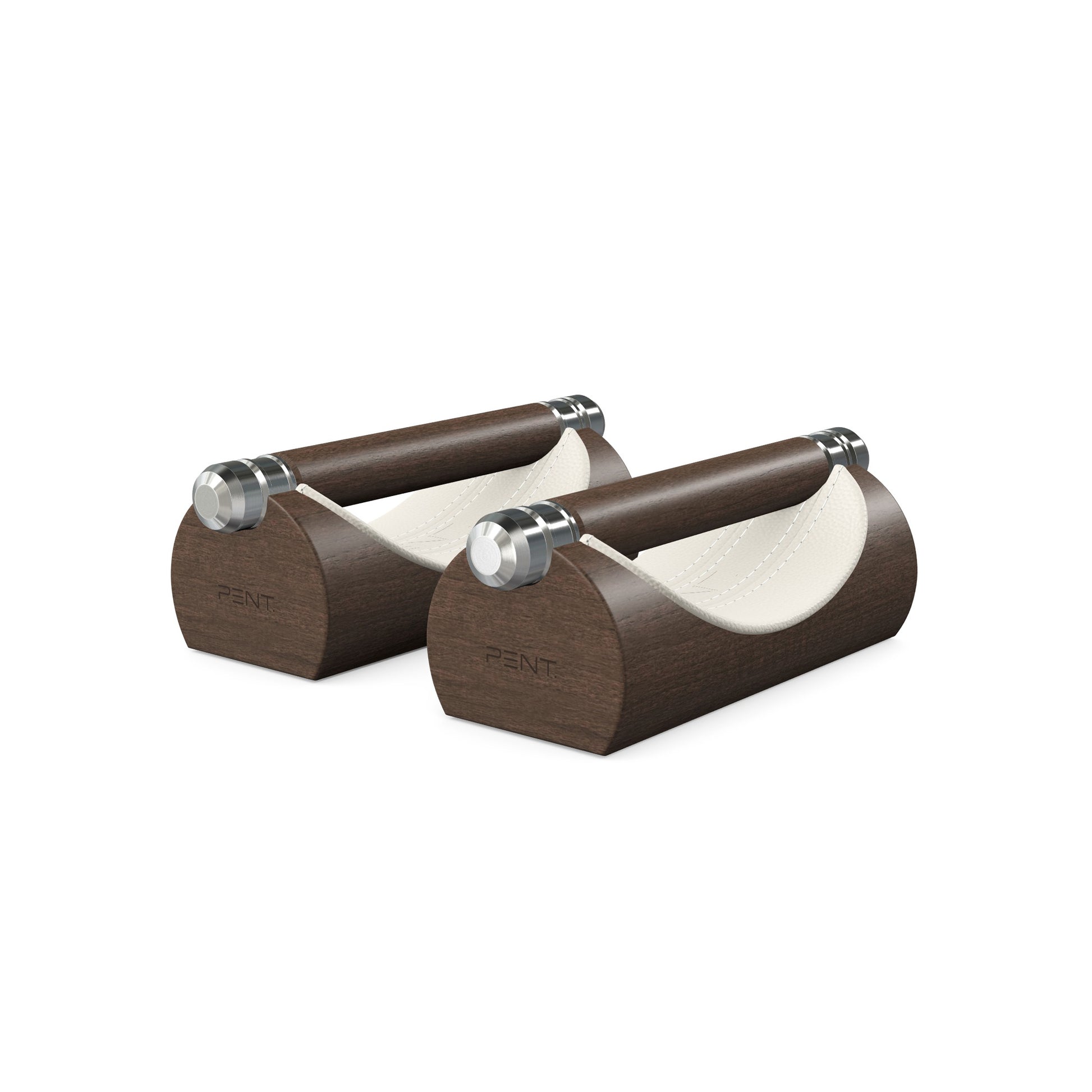 Luxury home gym equipment, premium push up bars handcrafted from fine leather, stainless steel and natural wood. Customize in white Italian leather and dark walnut wood. PENT. LIPOVA - Luxury Push-Up Bars