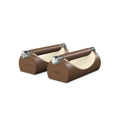 Luxury home gym equipment, premium push up bars handcrafted from fine leather, stainless steel and natural wood. Customize in beige Italian leather and natural walnut wood. PENT. LIPOVA - Luxury Push-Up Bars