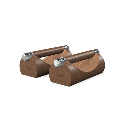 Luxury home gym equipment, premium push up bars handcrafted from fine leather, stainless steel and natural wood. Customize in brown Italian leather and natural walnut wood. PENT. LIPOVA - Luxury Push-Up Bars