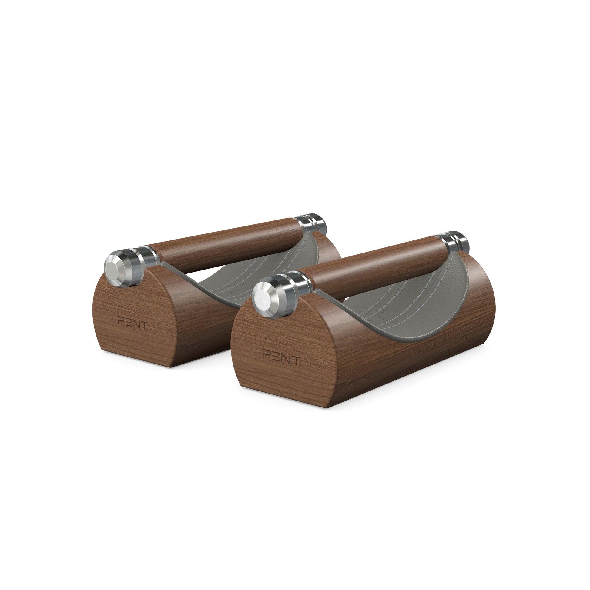 Luxury home gym equipment, premium push up bars handcrafted from fine leather, stainless steel and natural wood. Customize in grey Italian leather and natural walnut wood. PENT. LIPOVA - Luxury Push-Up Bars