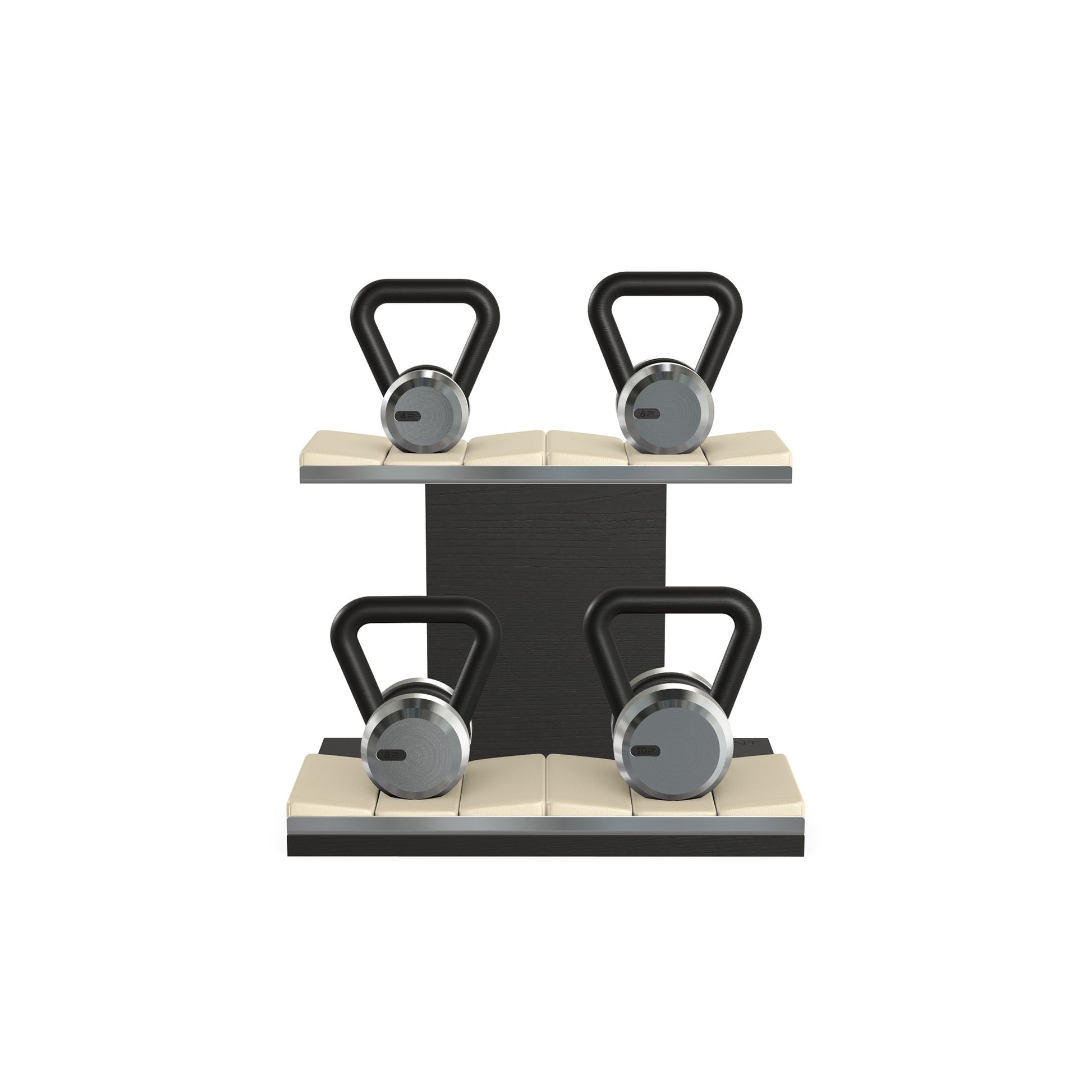 Luxury fitness equipment, luxury kettlebells on horizontal wooden stand, handcrafted with stainless steel, premium Italian beige leather and black ash wood. PENT. LOVA Set - Kettlebells on a Horizontal Stand