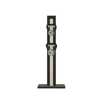 Luxury fitness equipment, 4 luxury kettlebells on vertical wooden stand, handcrafted with stainless steel, premium Italian beige leather and black ash wood. PENT. LOVA Set