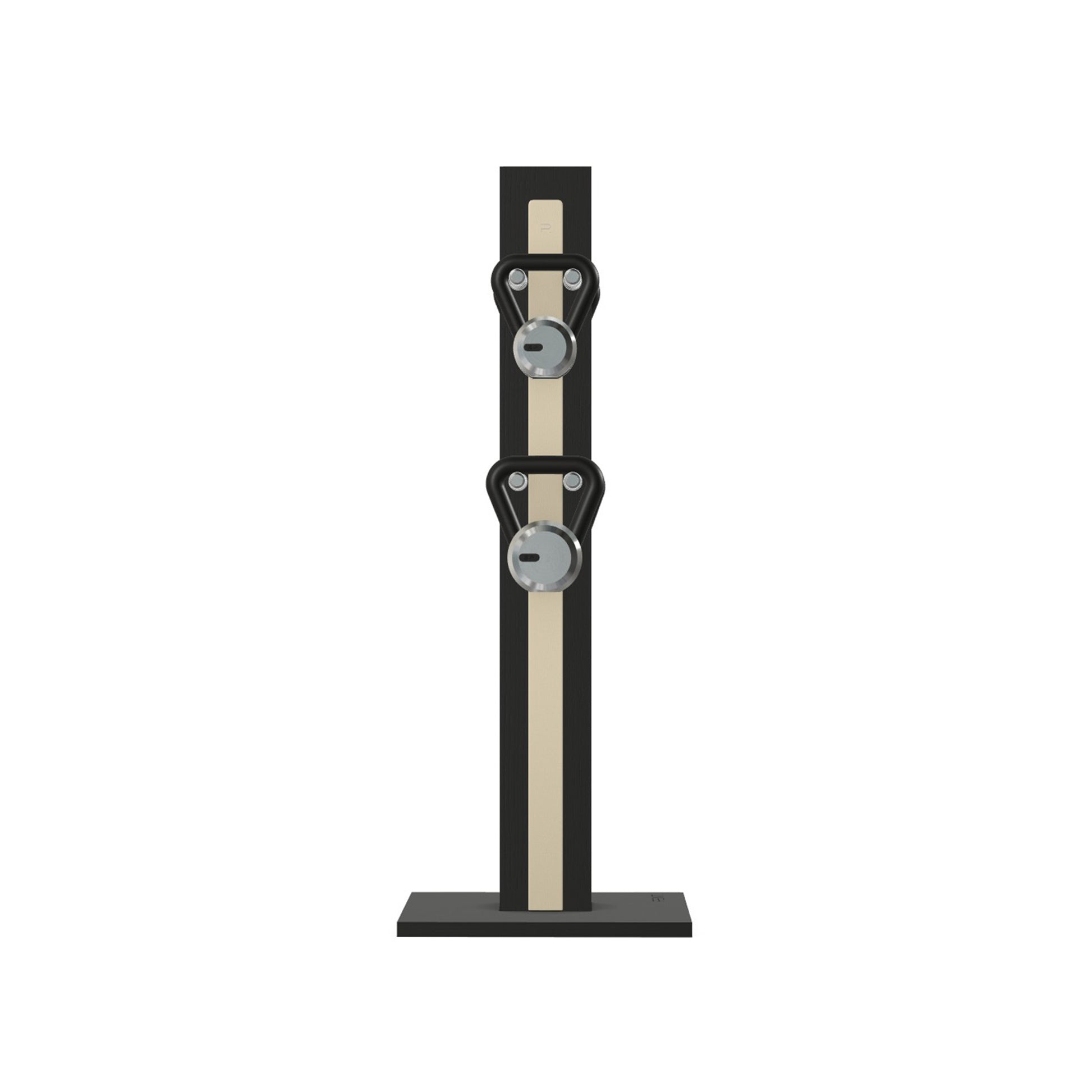 Luxury fitness equipment, 4 luxury kettlebells on vertical wooden stand, handcrafted with stainless steel, premium Italian beige leather and black ash wood. PENT. LOVA Set