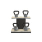 Luxury fitness equipment, luxury kettlebells on horizontal wooden stand, handcrafted with stainless steel, premium Italian beige leather and black ash wood. PENT. LOVA Set - Kettlebells on a Horizontal Stand