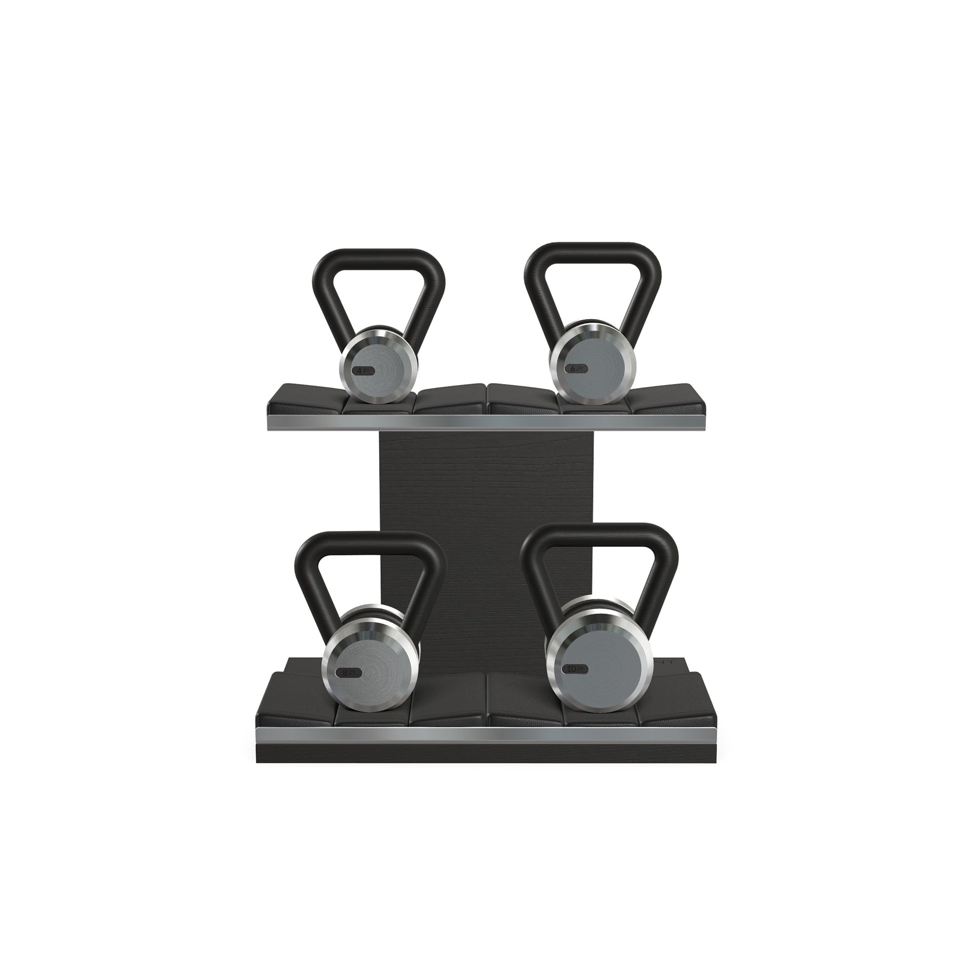 Luxury fitness equipment, luxury kettlebells on horizontal wooden stand, handcrafted with stainless steel, premium Italian black leather and black ash wood. PENT. LOVA Set - Kettlebells on a Horizontal Stand
