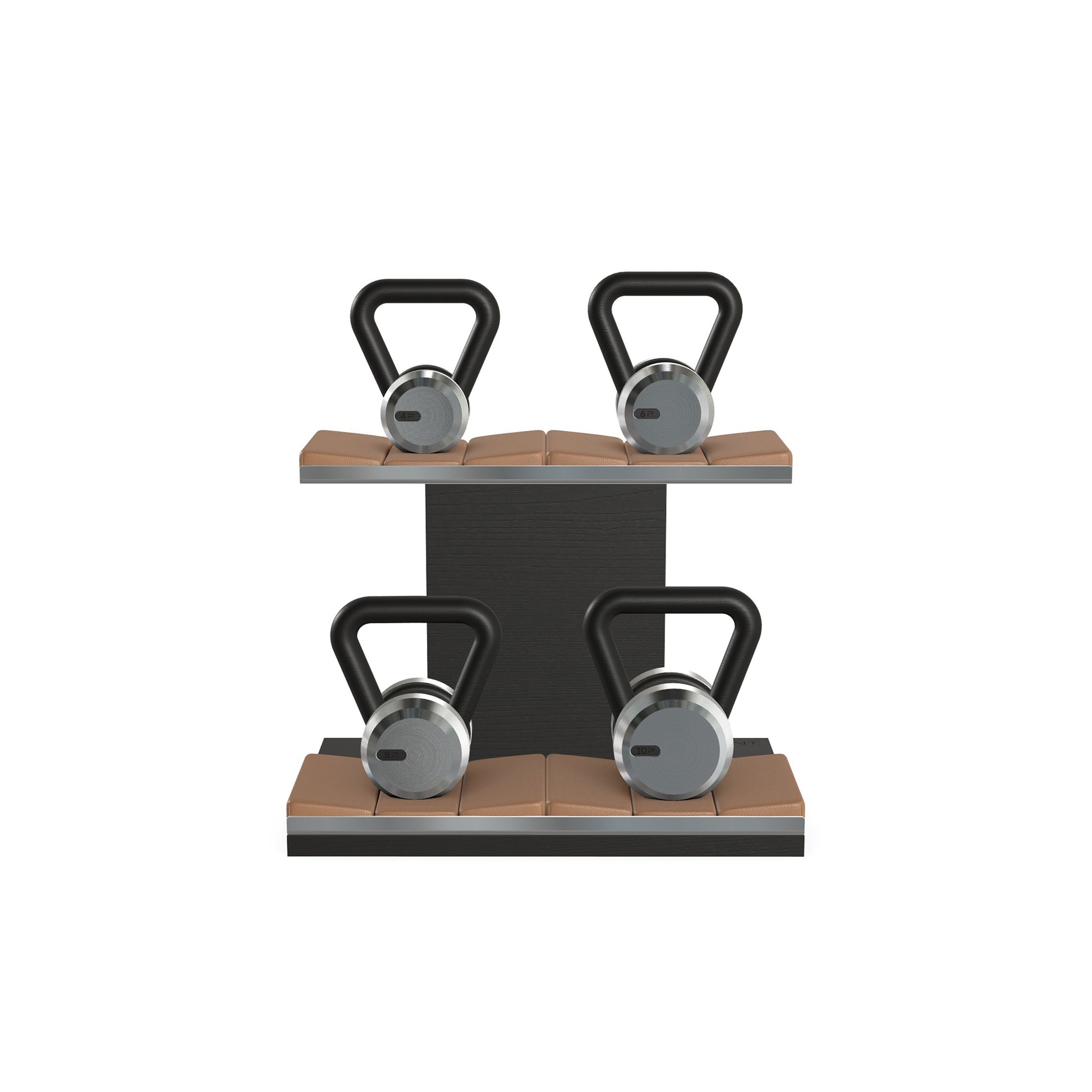 Luxury fitness equipment, luxury kettlebells on horizontal wooden stand, handcrafted with stainless steel, premium Italian brown leather and black ash wood. PENT. LOVA Set - Kettlebells on a Horizontal Stand