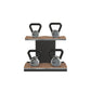 Luxury fitness equipment, luxury kettlebells on horizontal wooden stand, handcrafted with stainless steel, premium Italian brown leather and black ash wood. PENT. LOVA Set - Kettlebells on a Horizontal Stand