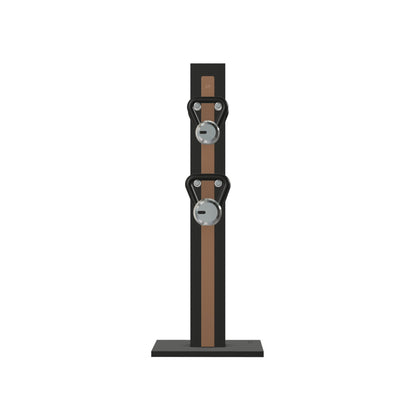 Luxury fitness equipment, 4 luxury kettlebells on vertical wooden stand, handcrafted with stainless steel, premium Italian brown leather and black ash wood. PENT. LOVA Set