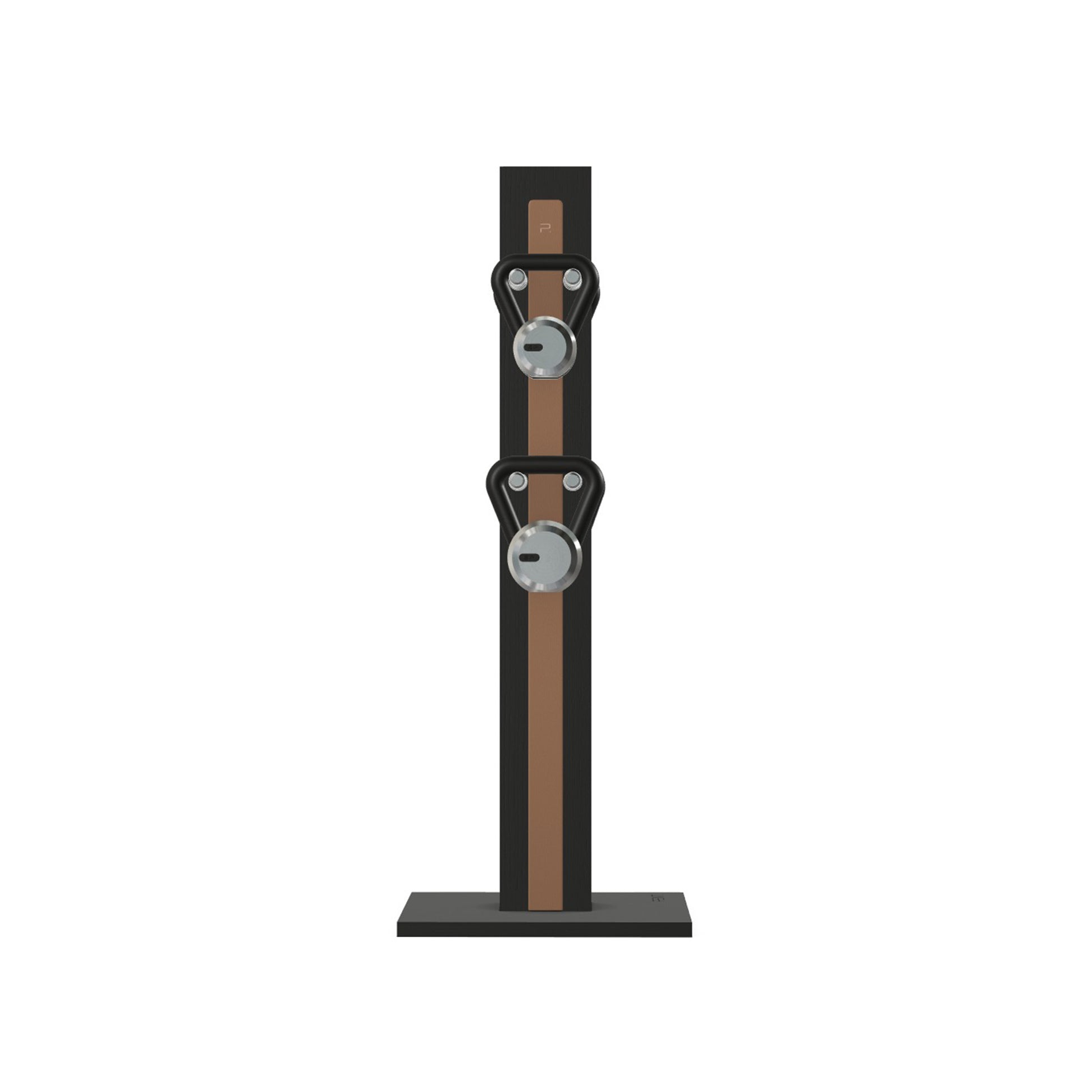Luxury fitness equipment, 4 luxury kettlebells on vertical wooden stand, handcrafted with stainless steel, premium Italian brown leather and black ash wood. PENT. LOVA Set