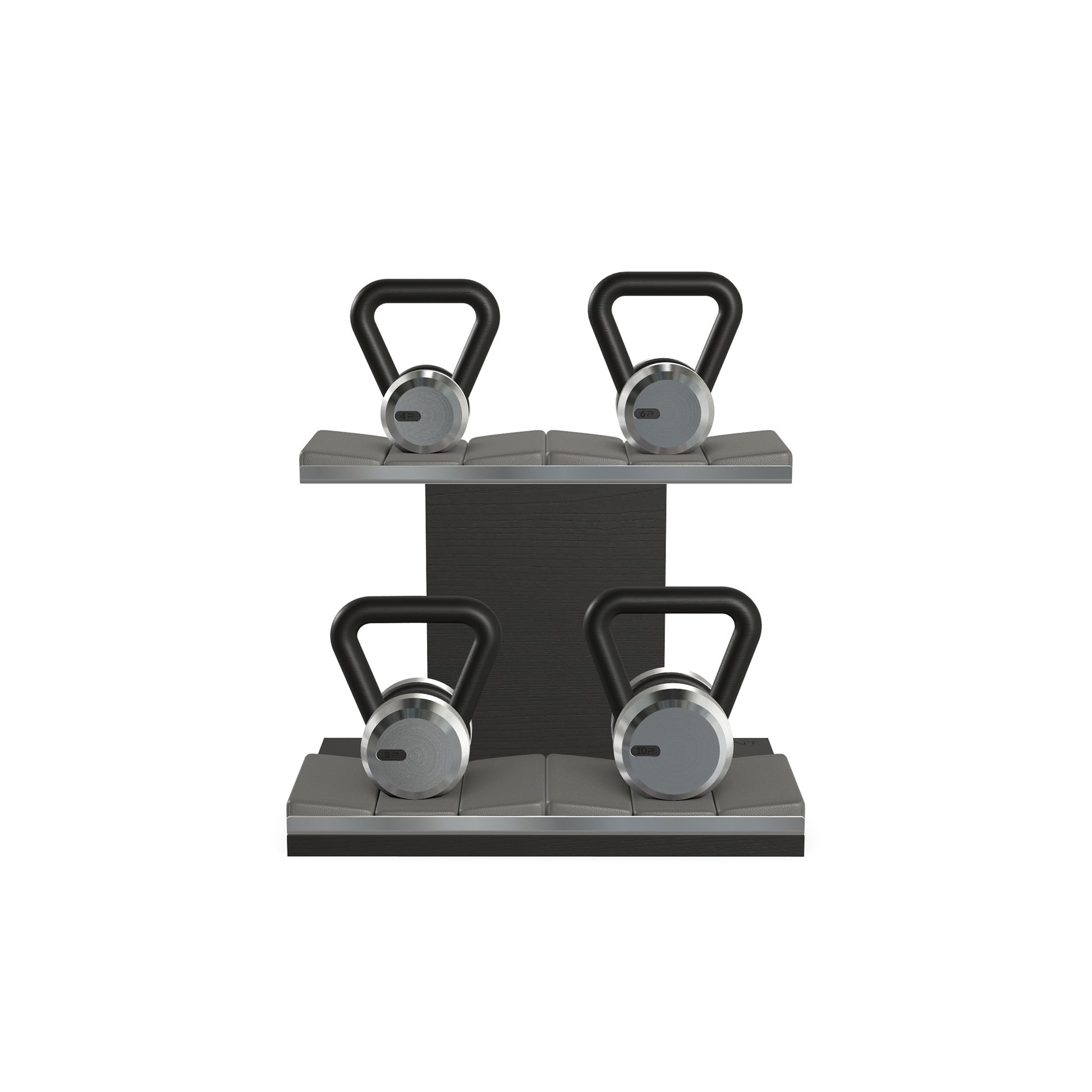 Luxury fitness equipment, luxury kettlebells on horizontal wooden stand, handcrafted with stainless steel, premium Italian grey leather and black ash wood. PENT. LOVA Set - Kettlebells on a Horizontal Stand