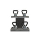 Luxury fitness equipment, luxury kettlebells on horizontal wooden stand, handcrafted with stainless steel, premium Italian grey leather and black ash wood. PENT. LOVA Set - Kettlebells on a Horizontal Stand