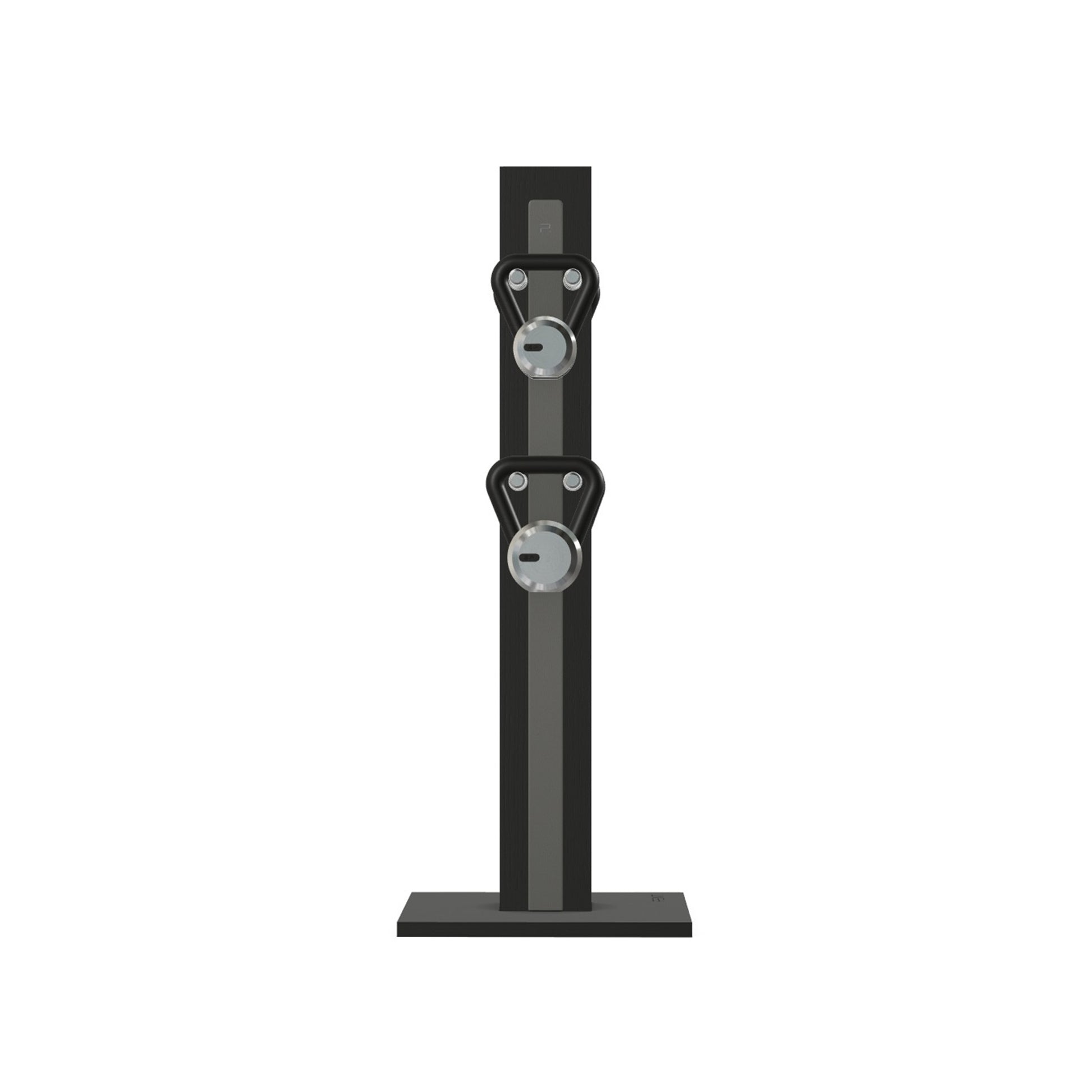 Luxury fitness equipment, 4 luxury kettlebells on vertical wooden stand, handcrafted with stainless steel, premium Italian grey leather and black ash wood. PENT. LOVA Set