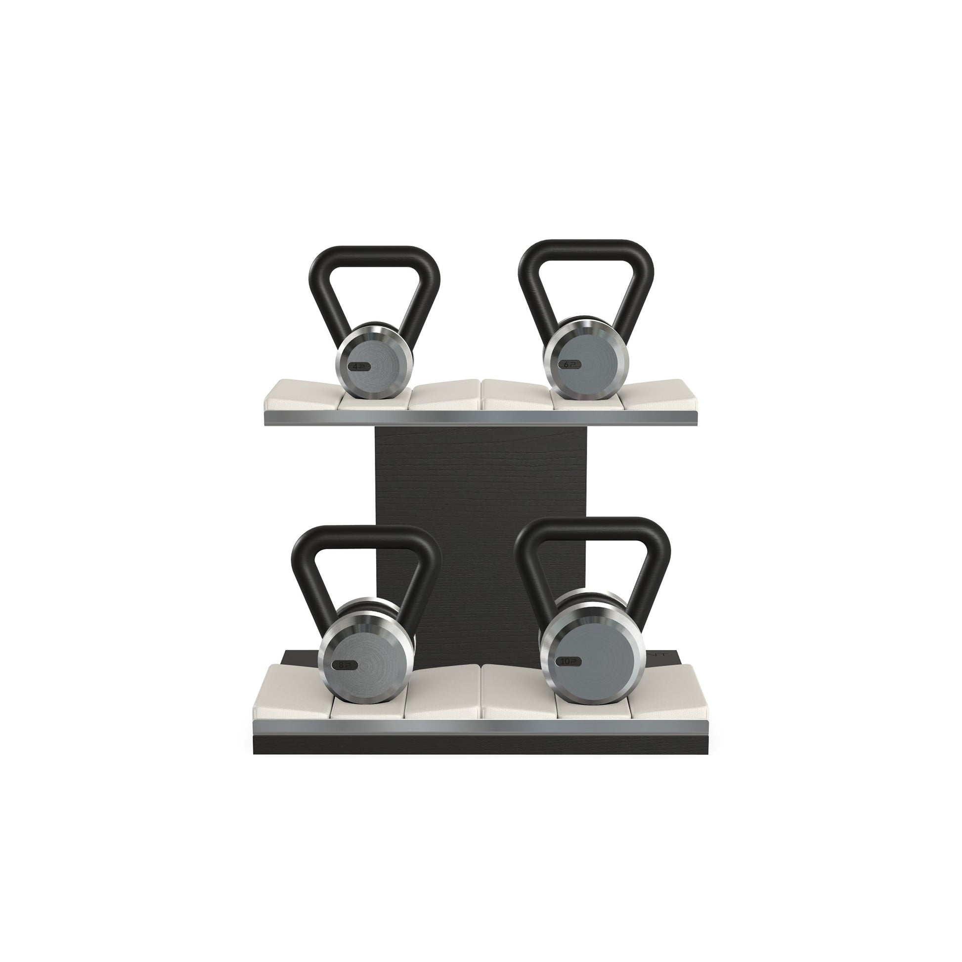 Luxury fitness equipment, luxury kettlebells on horizontal wooden stand, handcrafted with stainless steel, premium Italian white leather and black ash wood. PENT. LOVA Set - Kettlebells on a Horizontal Stand