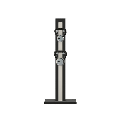 Luxury fitness equipment, 4 luxury kettlebells on vertical wooden stand, handcrafted with stainless steel, premium Italian white leather and black ash wood. PENT. LOVA Set