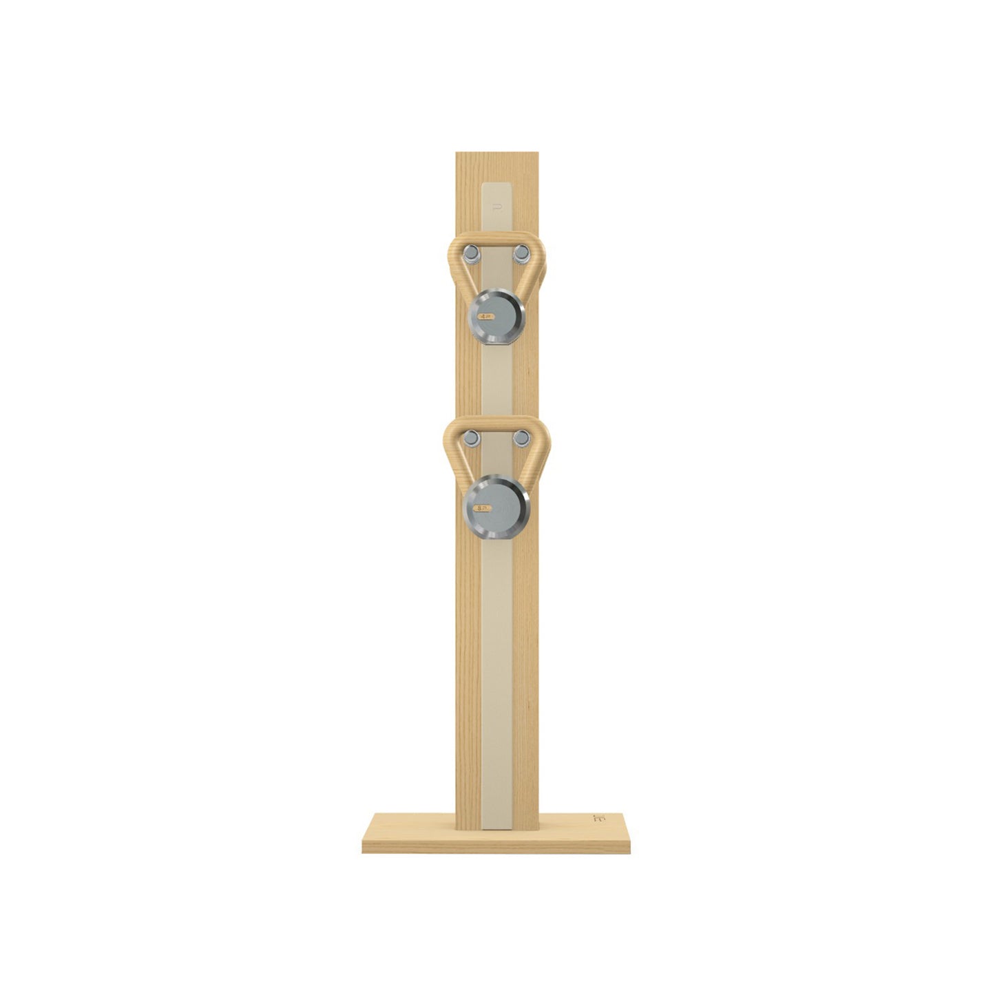 Luxury fitness equipment, 4 luxury kettlebells on vertical wooden stand, handcrafted with stainless steel, premium Italian beige leather and natural ash wood. PENT. LOVA Set