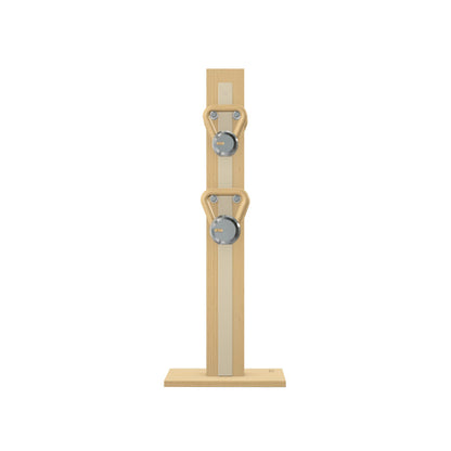 Luxury fitness equipment, 4 luxury kettlebells on vertical wooden stand, handcrafted with stainless steel, premium Italian beige leather and natural ash wood. PENT. LOVA Set