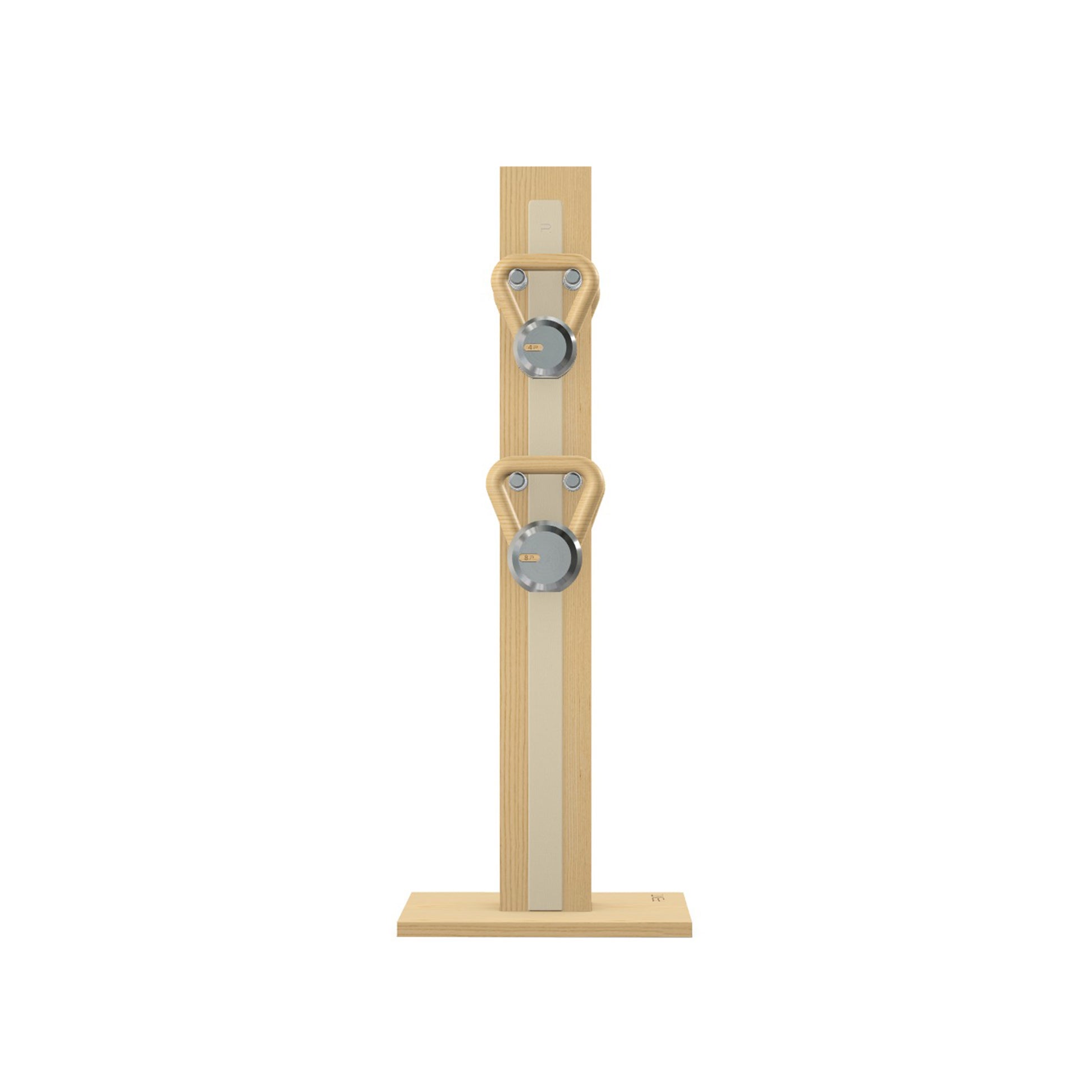 Luxury fitness equipment, 4 luxury kettlebells on vertical wooden stand, handcrafted with stainless steel, premium Italian beige leather and natural ash wood. PENT. LOVA Set