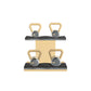 Luxury fitness equipment, 4 luxury kettlebells on horizontal wooden stand, handcrafted with stainless steel, premium Italian black leather and natural ash wood. PENT. LOVA Set - Kettlebells on a Horizontal Stand