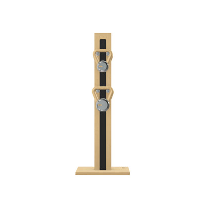 Luxury fitness equipment, 4 luxury kettlebells on vertical wooden stand, handcrafted with stainless steel, premium Italian black leather and natural ash wood. PENT. LOVA Set