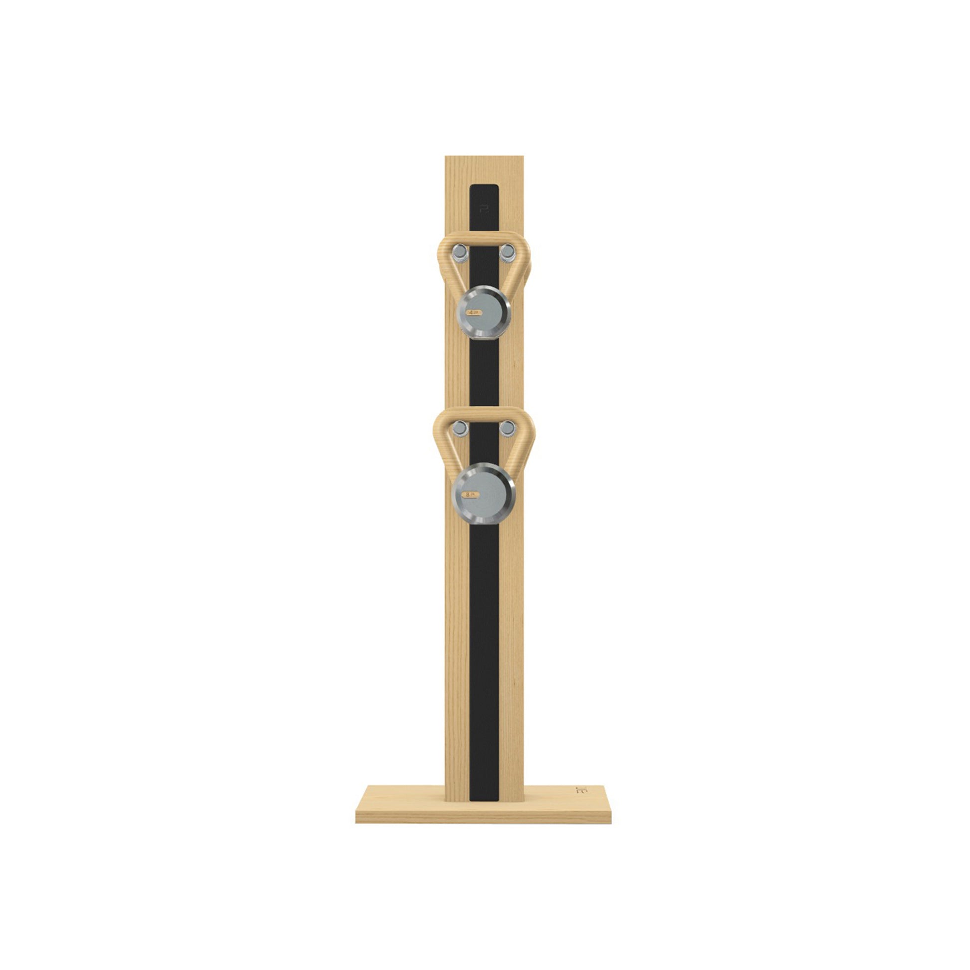 Luxury fitness equipment, 4 luxury kettlebells on vertical wooden stand, handcrafted with stainless steel, premium Italian black leather and natural ash wood. PENT. LOVA Set