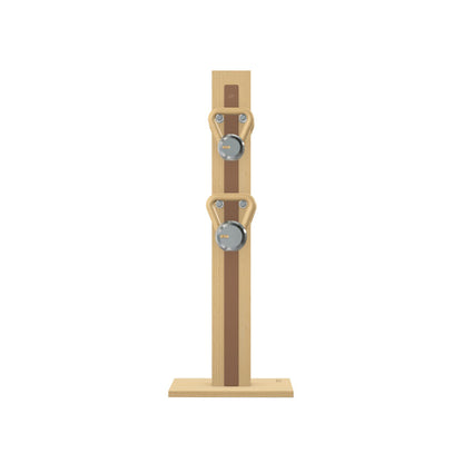 Luxury fitness equipment, 4 luxury kettlebells on vertical wooden stand, handcrafted with stainless steel, premium Italian brown leather and natural ash wood. PENT. LOVA Set