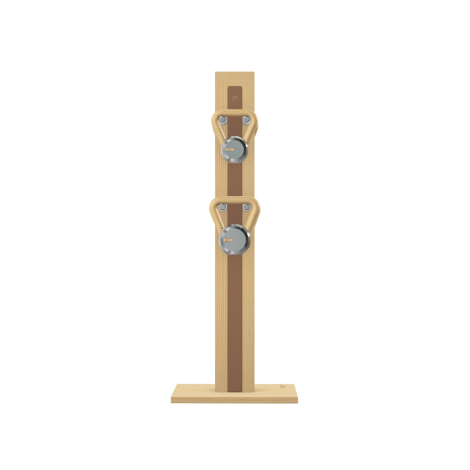 Luxury fitness equipment, 4 luxury kettlebells on vertical wooden stand, handcrafted with stainless steel, premium Italian brown leather and natural ash wood. PENT. LOVA Set
