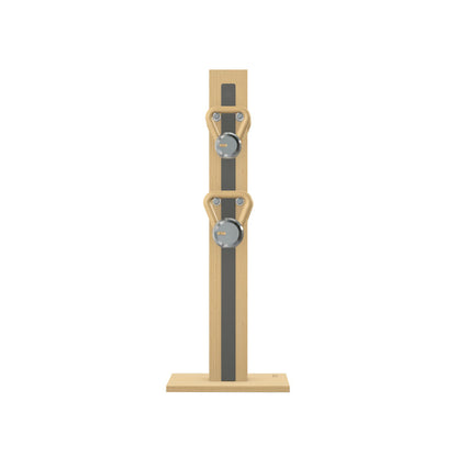Luxury fitness equipment, 4 luxury kettlebells on vertical wooden stand, handcrafted with stainless steel, premium Italian grey leather and natural ash wood. PENT. LOVA Set