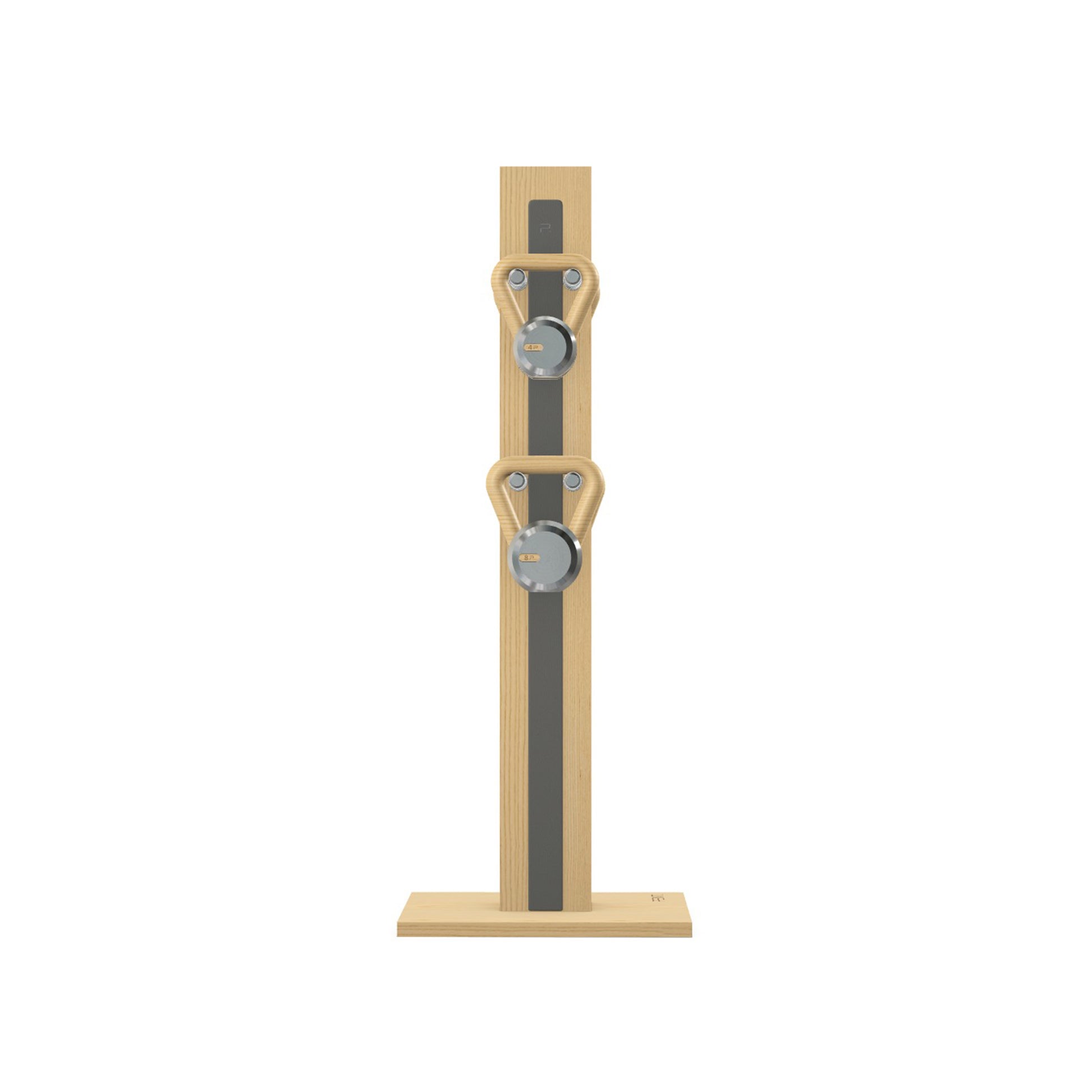 Luxury fitness equipment, 4 luxury kettlebells on vertical wooden stand, handcrafted with stainless steel, premium Italian grey leather and natural ash wood. PENT. LOVA Set