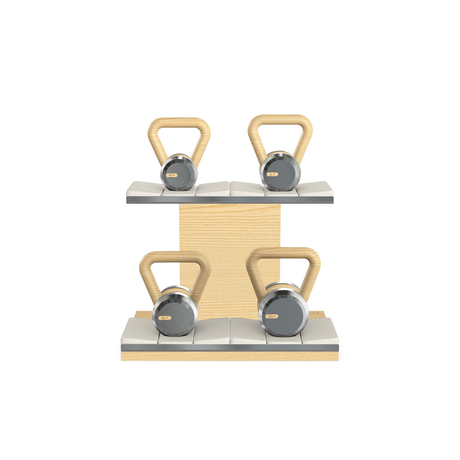 Luxury fitness equipment, 4 luxury kettlebells on horizontal wooden stand, handcrafted with stainless steel, premium Italian white leather and natural ash wood. PENT. LOVA Set - Kettlebells on a Horizontal Stand