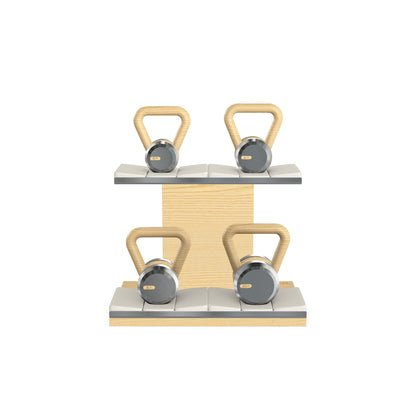 Luxury fitness equipment, 4 luxury kettlebells on horizontal wooden stand, handcrafted with stainless steel, premium Italian white leather and natural ash wood. PENT. LOVA Set - Kettlebells on a Horizontal Stand