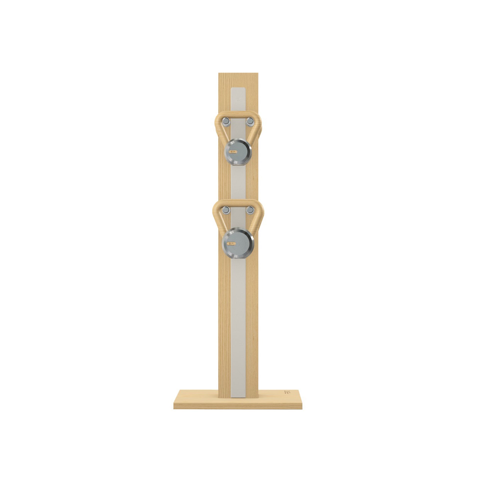 Luxury fitness equipment, 4 luxury kettlebells on vertical wooden stand, handcrafted with stainless steel, premium Italian white leather and natural ash wood. PENT. LOVA Set