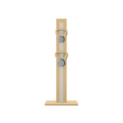 Luxury fitness equipment, 4 luxury kettlebells on vertical wooden stand, handcrafted with stainless steel, premium Italian white leather and natural ash wood. PENT. LOVA Set