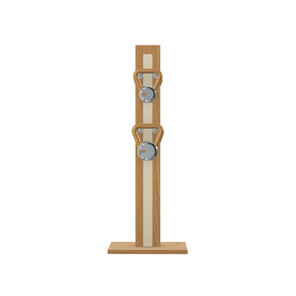 Luxury fitness equipment, 4 luxury kettlebells on vertical wooden stand, handcrafted with stainless steel, premium Italian beige leather and oak wood. PENT. LOVA Set