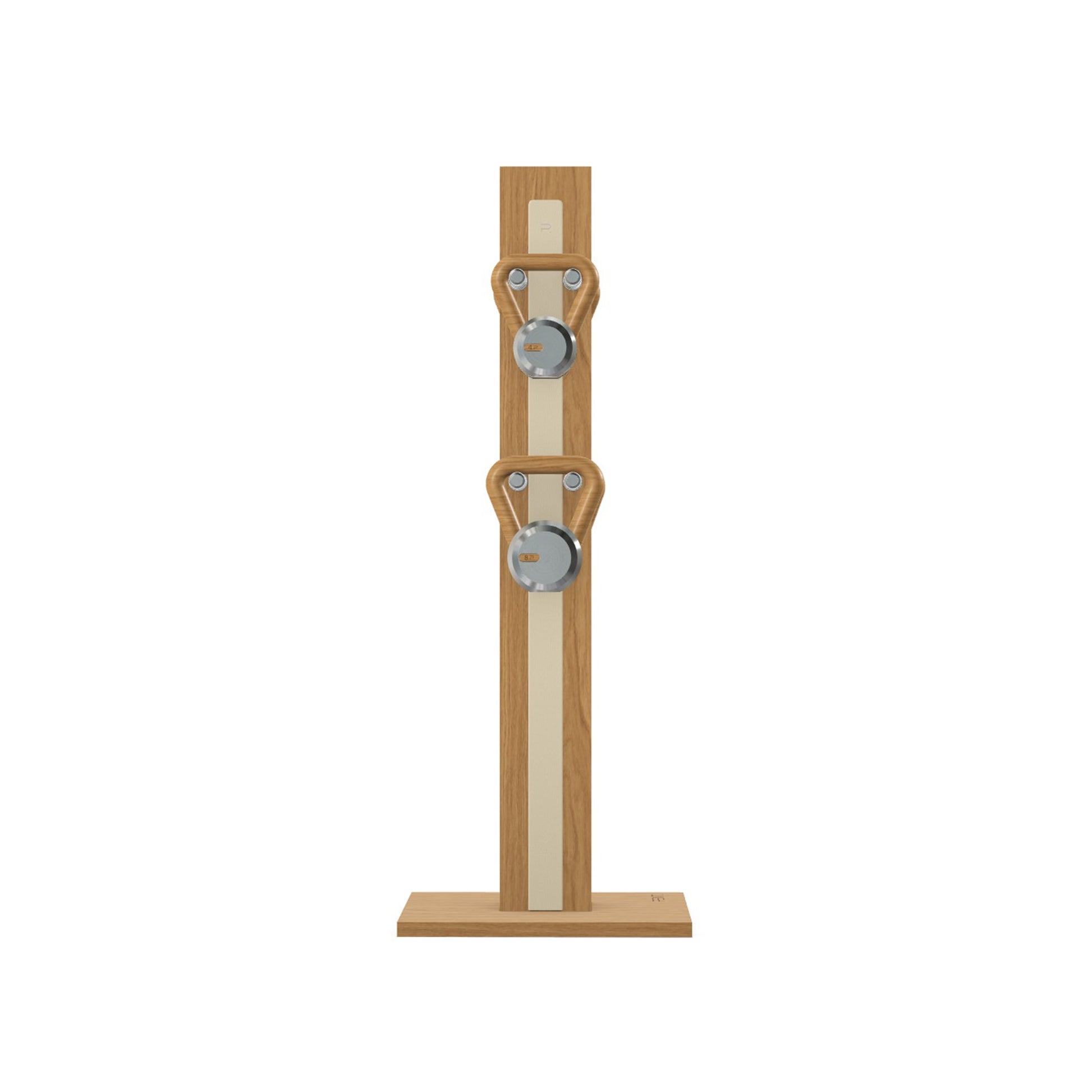 Luxury fitness equipment, 4 luxury kettlebells on vertical wooden stand, handcrafted with stainless steel, premium Italian beige leather and oak wood. PENT. LOVA Set