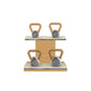 Luxury fitness equipment, luxury kettlebells on horizontal wooden stand, handcrafted with stainless steel, premium Italian beige leather and oak wood. PENT. LOVA Set - Kettlebells on a Horizontal Stand