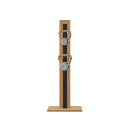 Luxury fitness equipment, 4 luxury kettlebells on vertical wooden stand, handcrafted with stainless steel, premium Italian black leather and oak wood. PENT. LOVA Set