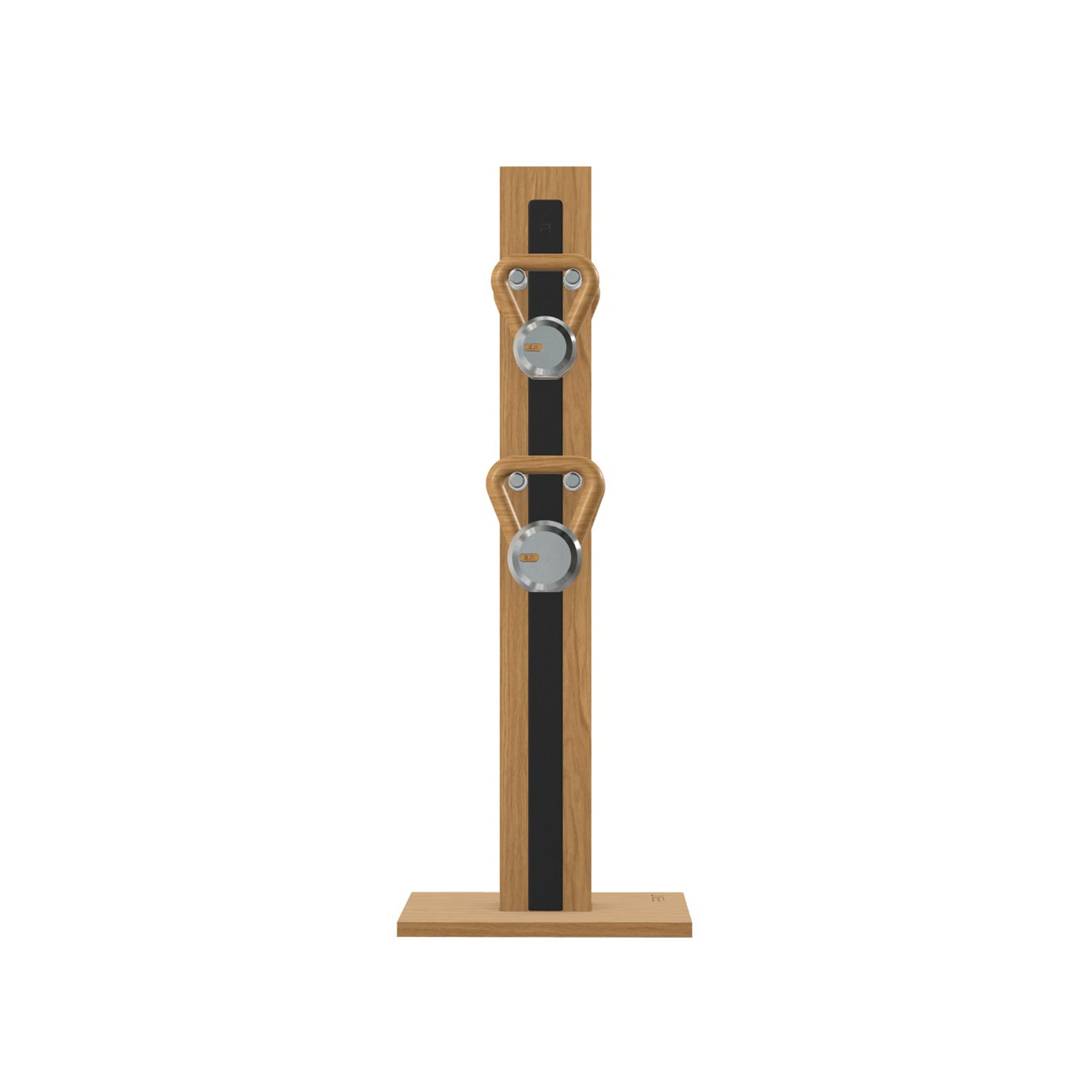 Luxury fitness equipment, 4 luxury kettlebells on vertical wooden stand, handcrafted with stainless steel, premium Italian black leather and oak wood. PENT. LOVA Set