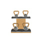 Luxury fitness equipment, luxury kettlebells on horizontal wooden stand, handcrafted with stainless steel, premium Italian black leather and oak wood. PENT. LOVA Set - Kettlebells on a Horizontal Stand
