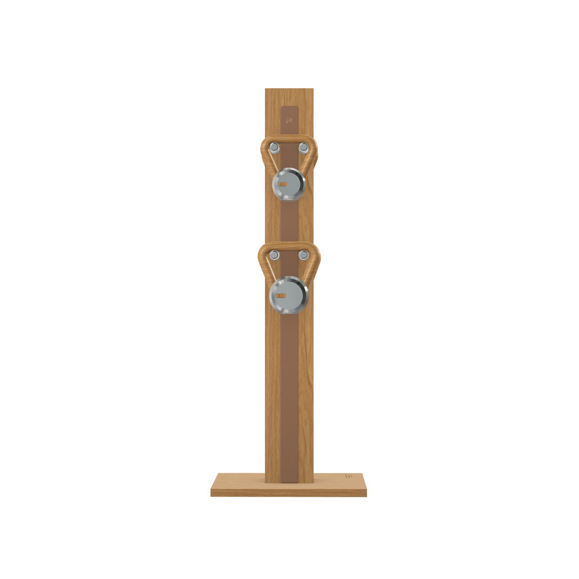 Luxury fitness equipment, 4 luxury kettlebells on vertical wooden stand, handcrafted with stainless steel, premium Italian brown leather and oak wood. PENT. LOVA Set