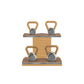 Luxury fitness equipment, luxury kettlebells on horizontal wooden stand, handcrafted with stainless steel, premium Italian brown leather and oak wood. PENT. LOVA Set - Kettlebells on a Horizontal Stand