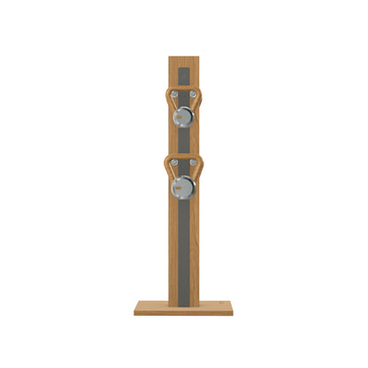 Luxury fitness equipment, 4 luxury kettlebells on vertical wooden stand, handcrafted with stainless steel, premium Italian grey leather and oak wood. PENT. LOVA Set