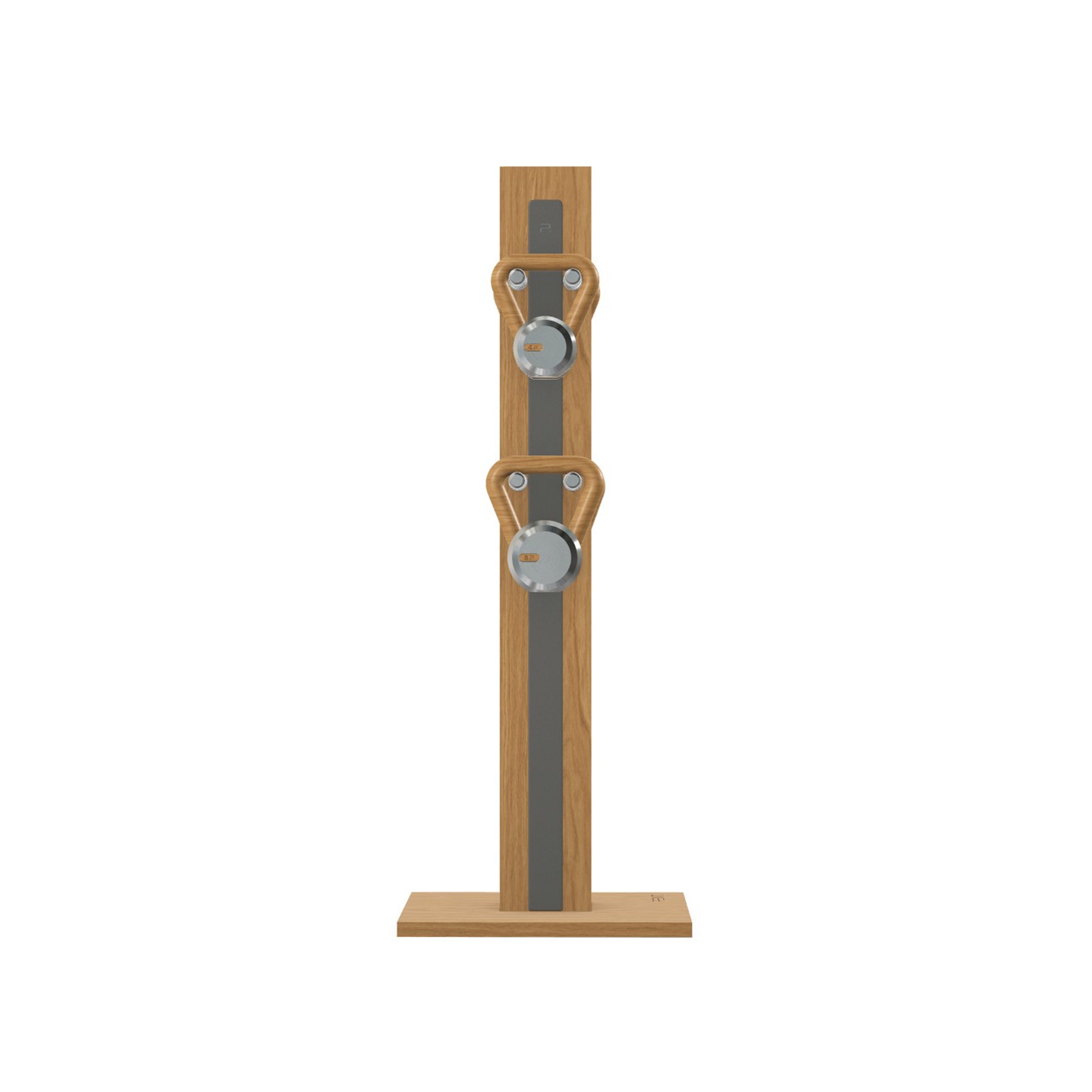 Luxury fitness equipment, 4 luxury kettlebells on vertical wooden stand, handcrafted with stainless steel, premium Italian grey leather and oak wood. PENT. LOVA Set