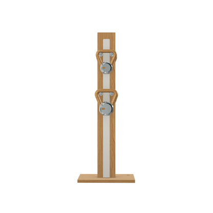 Luxury fitness equipment, 4 luxury kettlebells on vertical wooden stand, handcrafted with stainless steel, premium Italian white leather and oak wood. PENT. LOVA Set